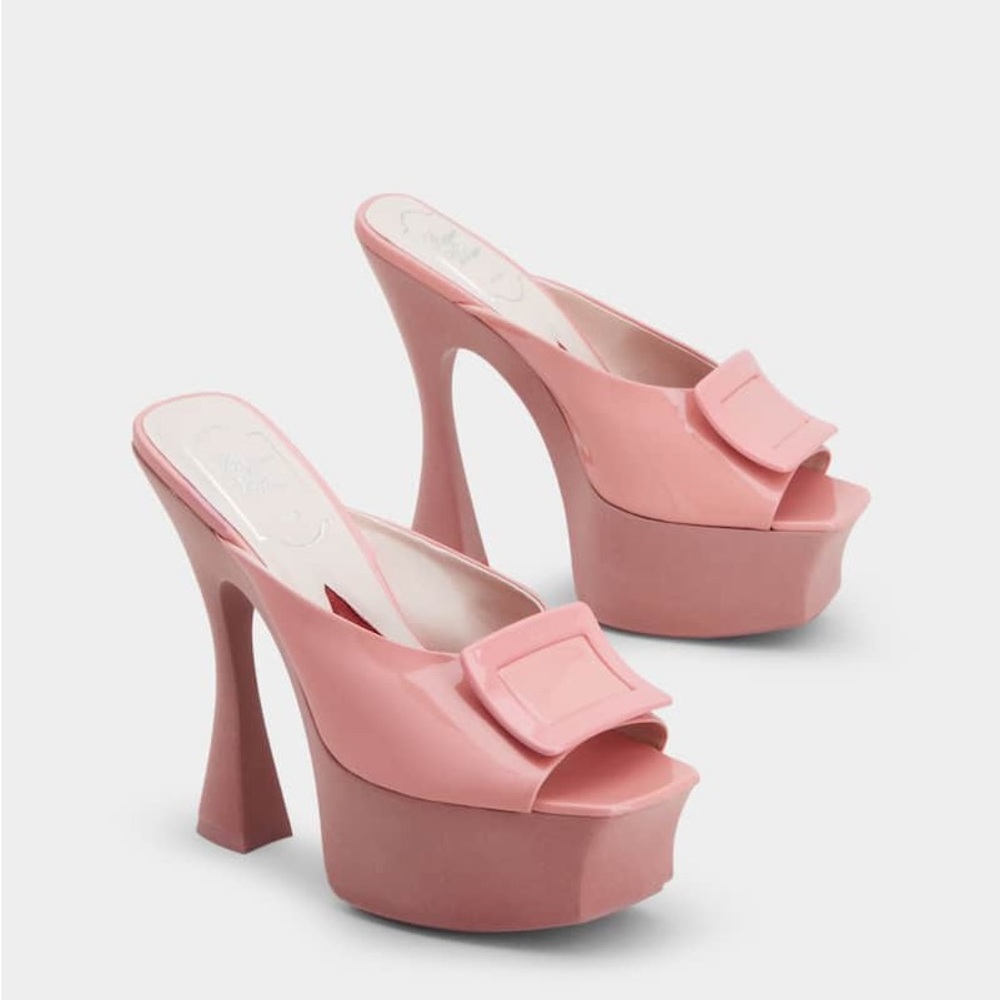 Roger Vivier Covered Buckle Platform Mules in Patent Leather